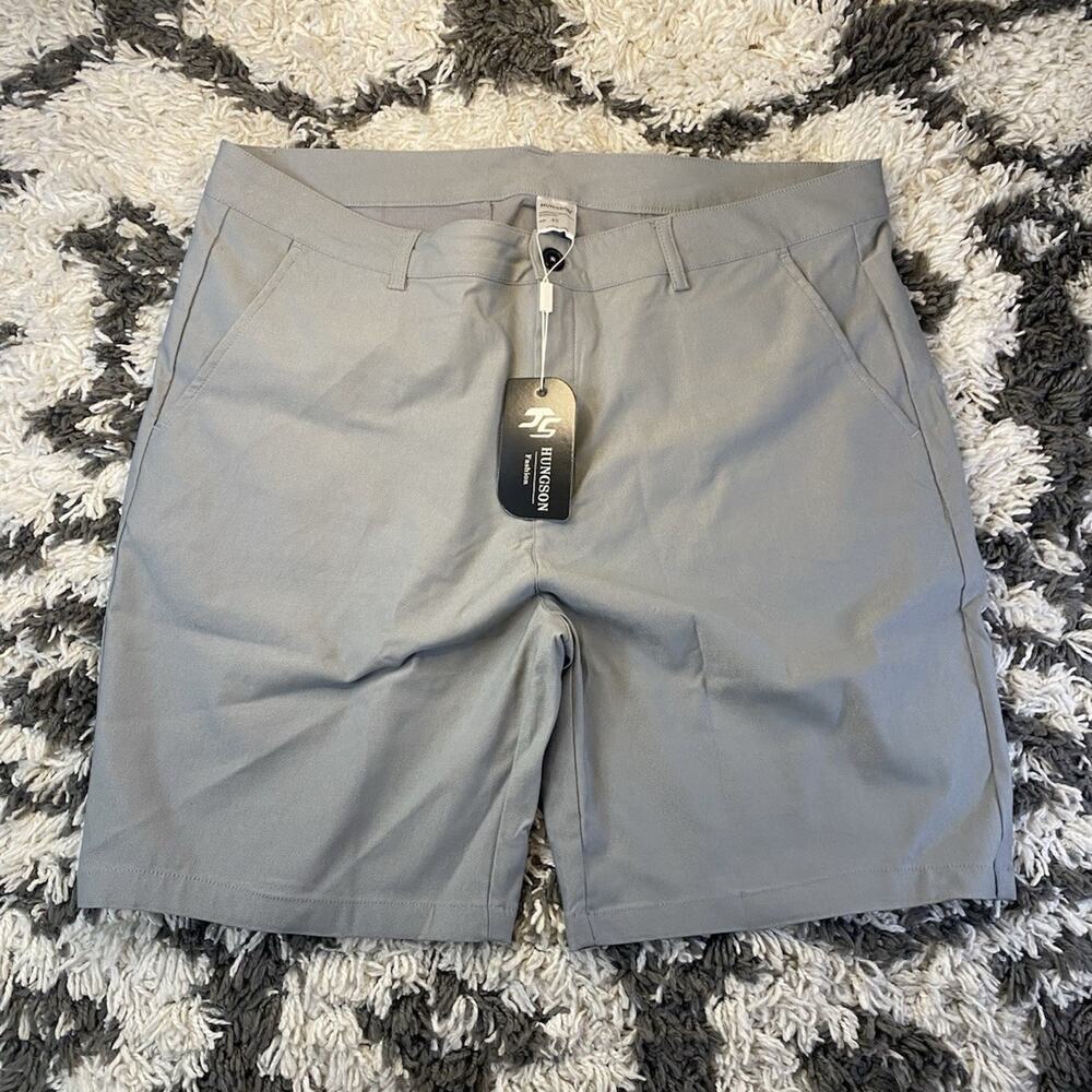 HUNGSON Gray Cotton/Spandex Chino Shorts Men's Flat Front Zip Button 9" Inseam